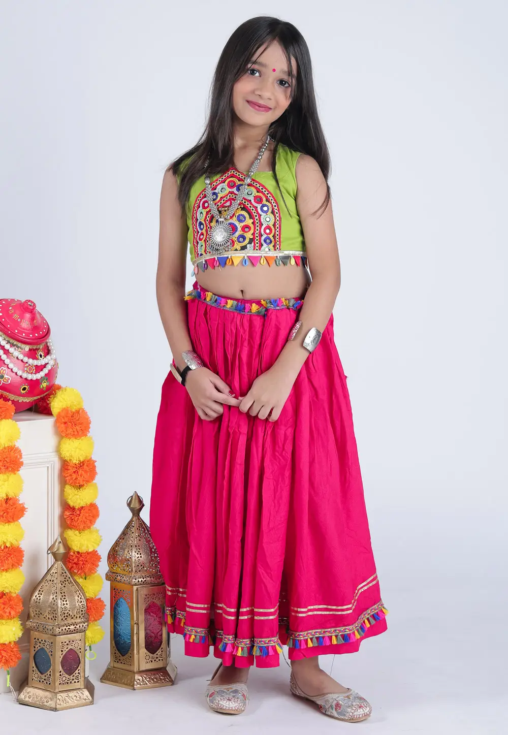 Pink Rayon Girls Navratri Lehenga Choli 335685