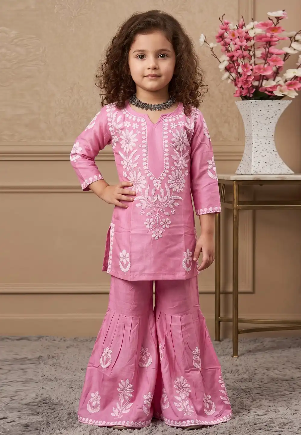 Pink Rayon Kids Sharara Suit 329456