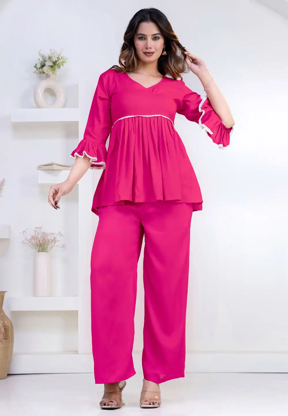 Pink Rayon Kurta Set With Palazzo 327281