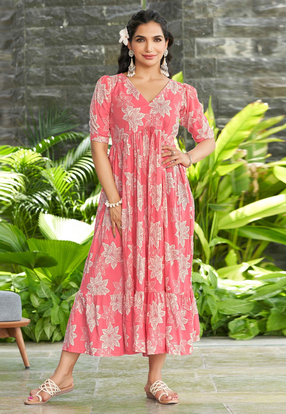 Pink Rayon Printed Gown 328652