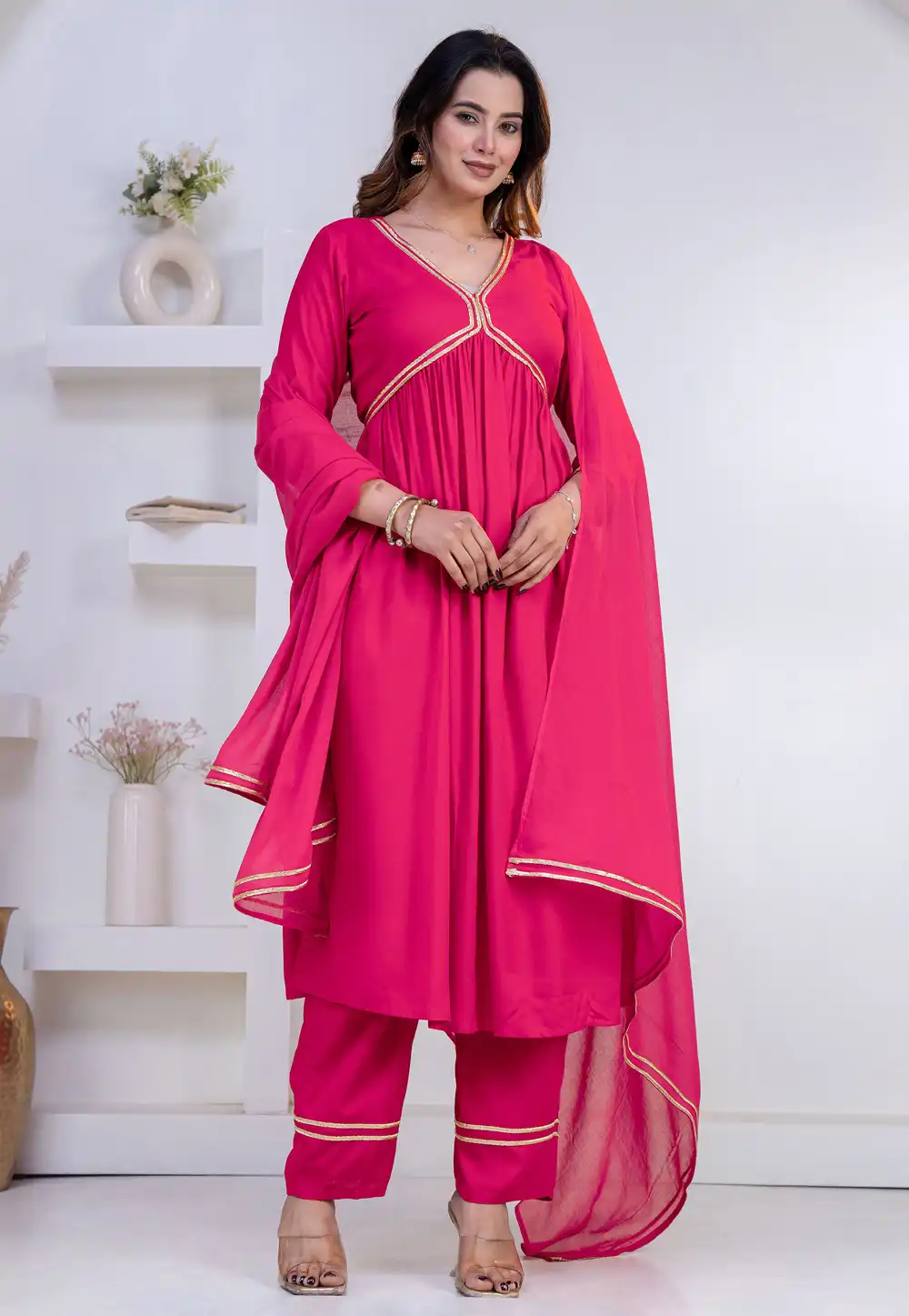 Pink Rayon Readymade Anarkali Suit 325450