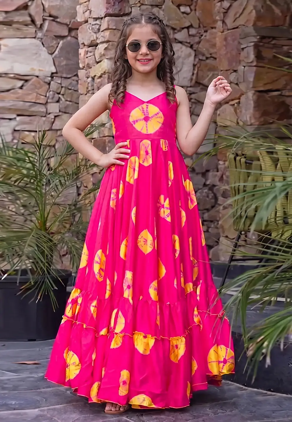 Pink Rayon Readymade Kids Gown 332555