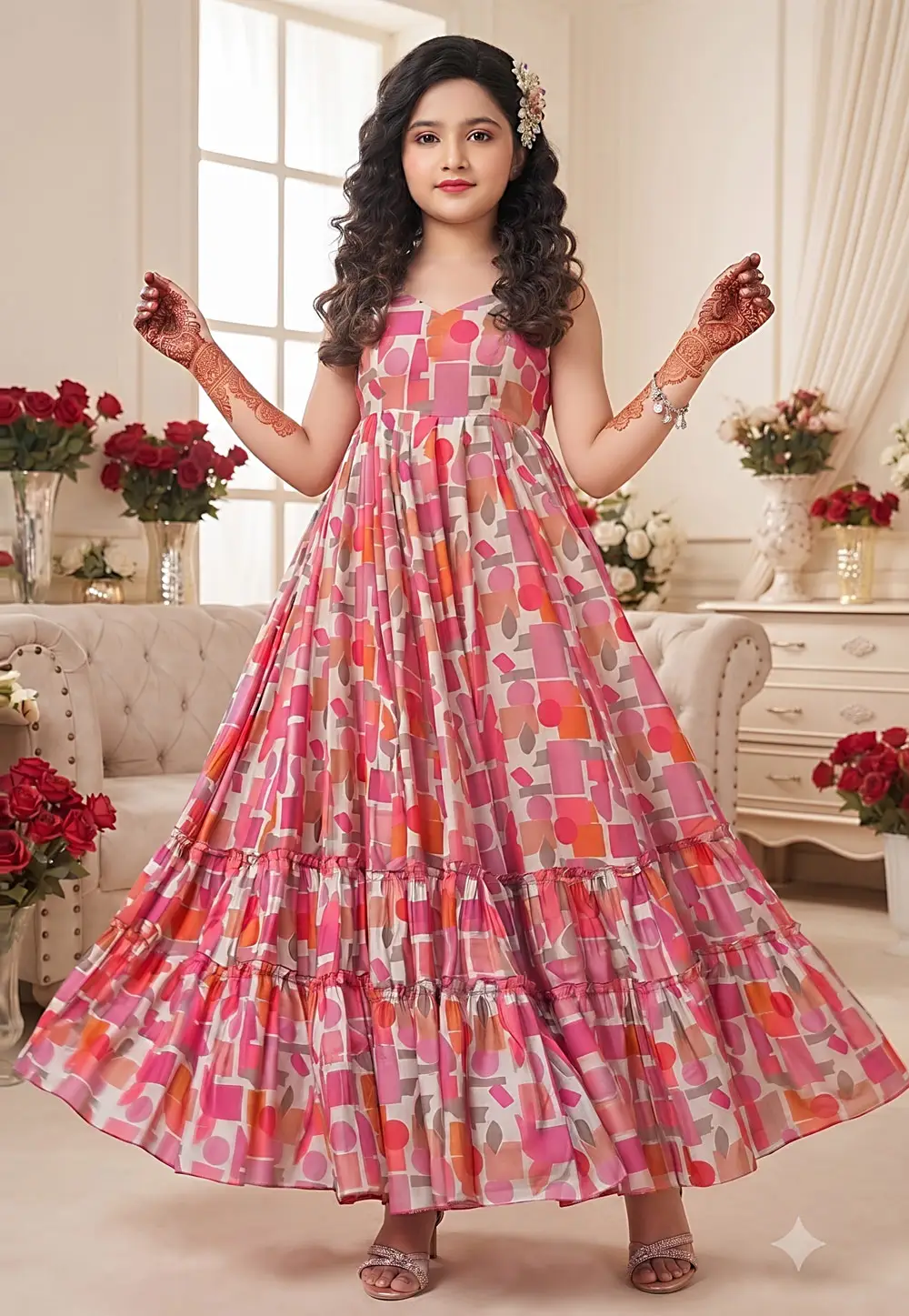 Pink Rayon Readymade Kids Gown 332558