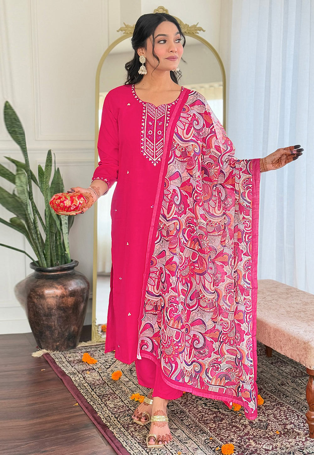 Pink Rayon Readymade Pant Style Suit 307148