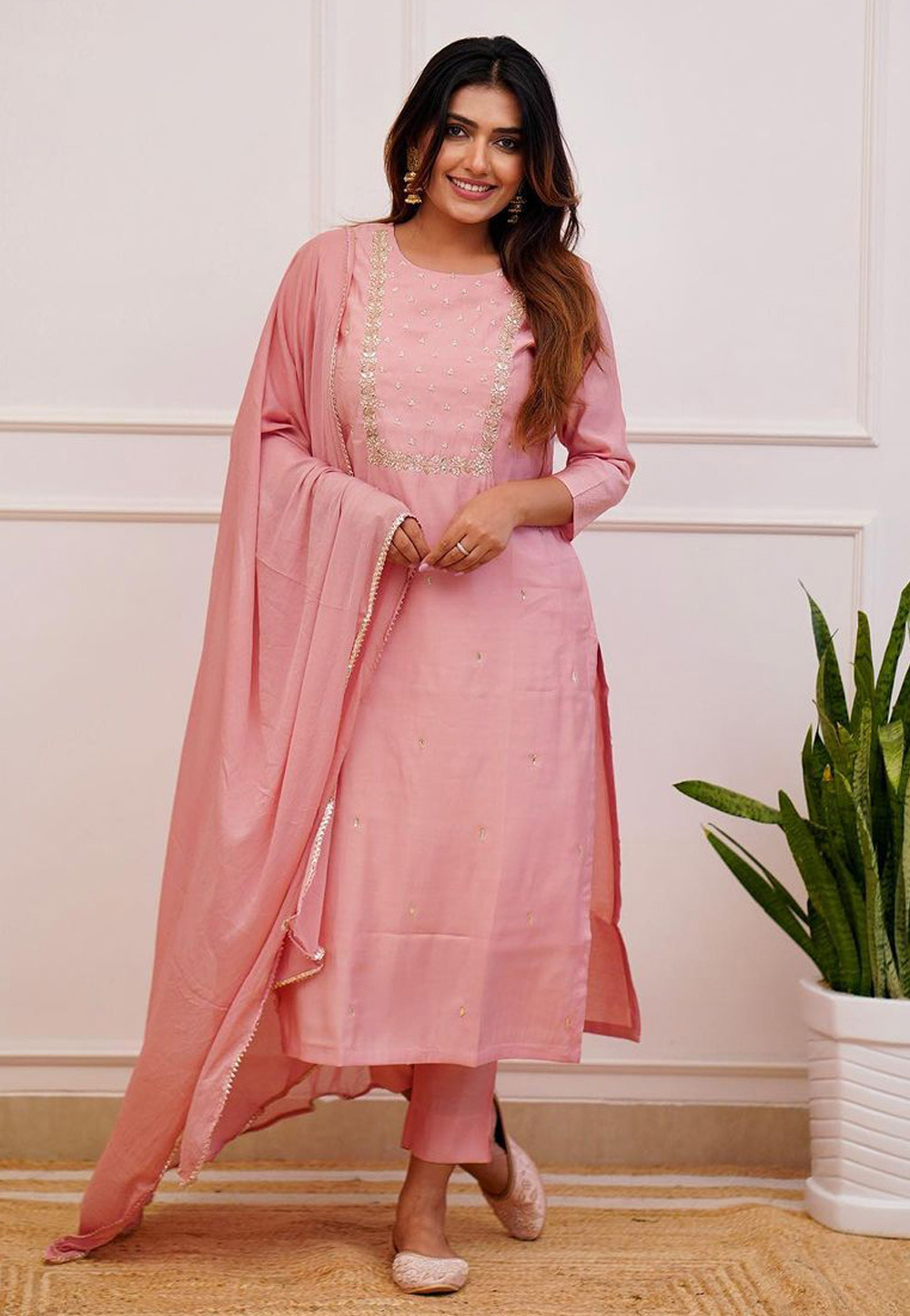 Pink Rayon Readymade Pant Style Suit 279224