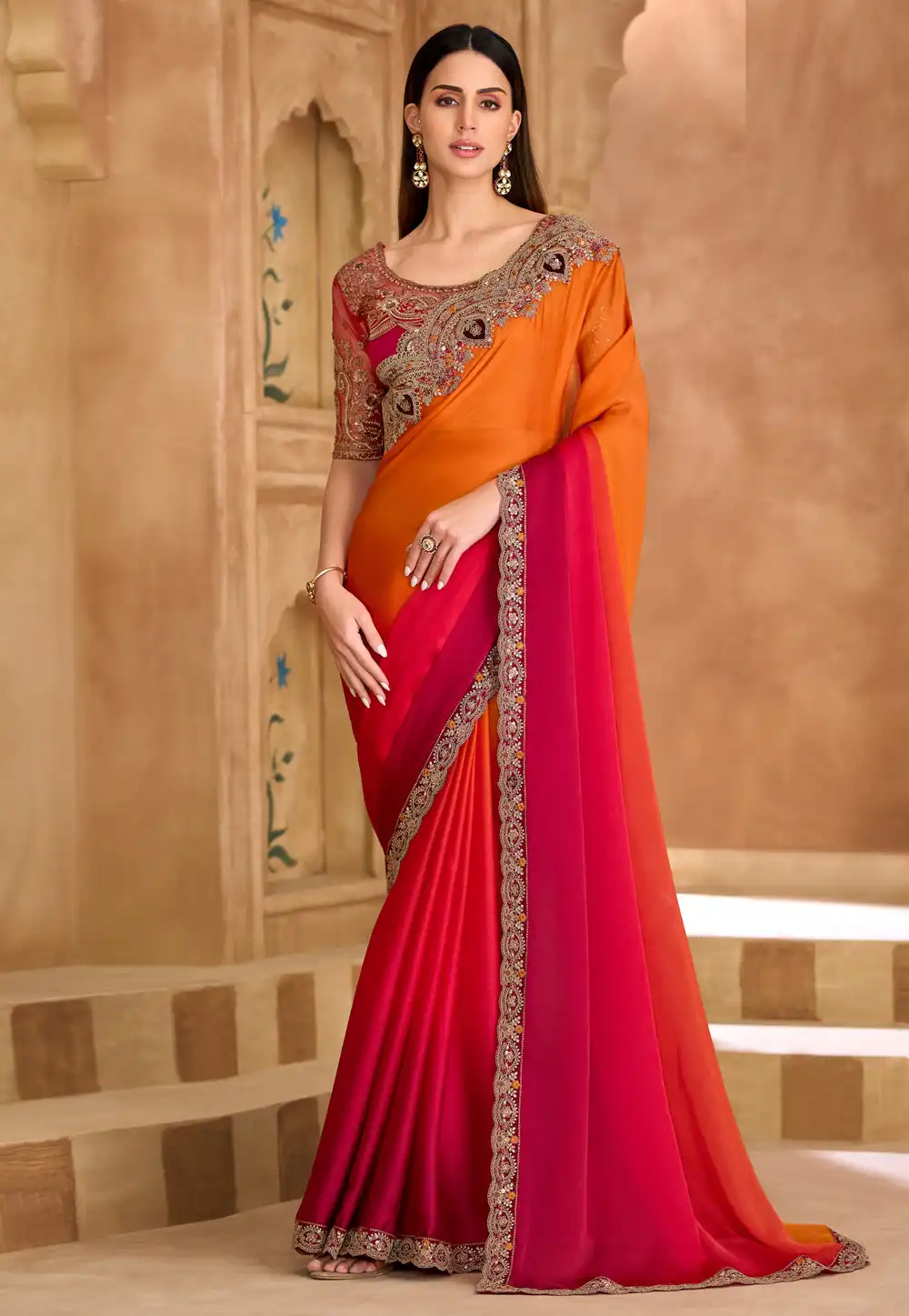 Pink Satin Chiffon Half N Half Saree 324681