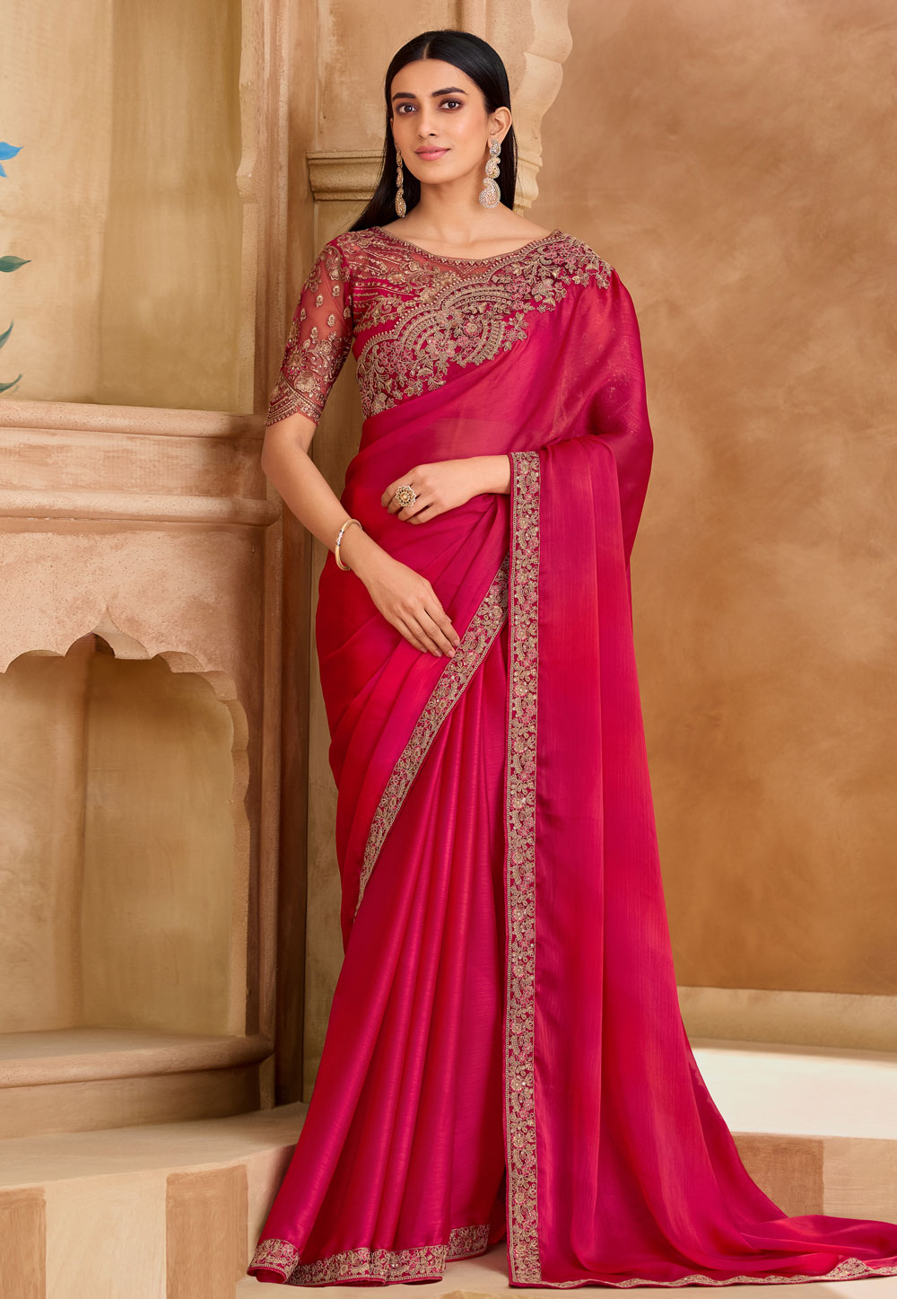 Pink Satin Chiffon Saree With Blouse 324690