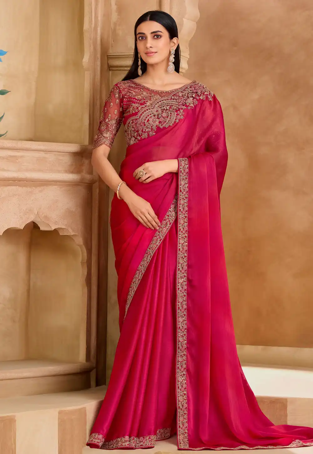 Pink Satin Chiffon Saree With Blouse 324690