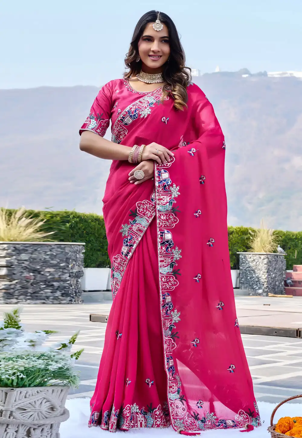 Pink Satin Chiffon Saree With Blouse 325105