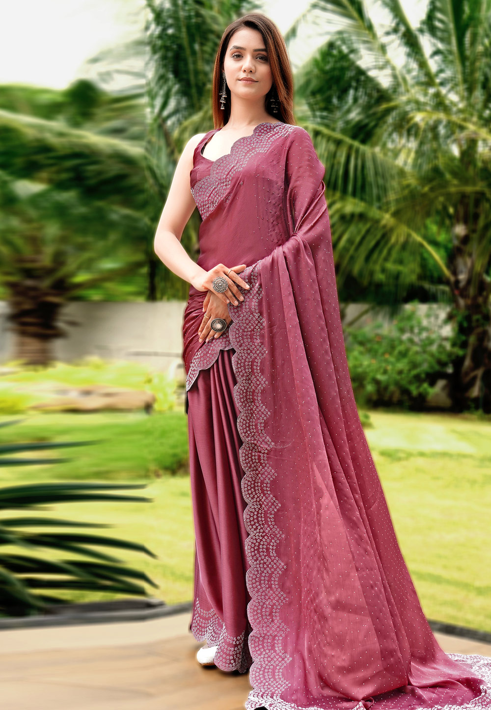 Pink Satin Chiffon Saree With Blouse 327210