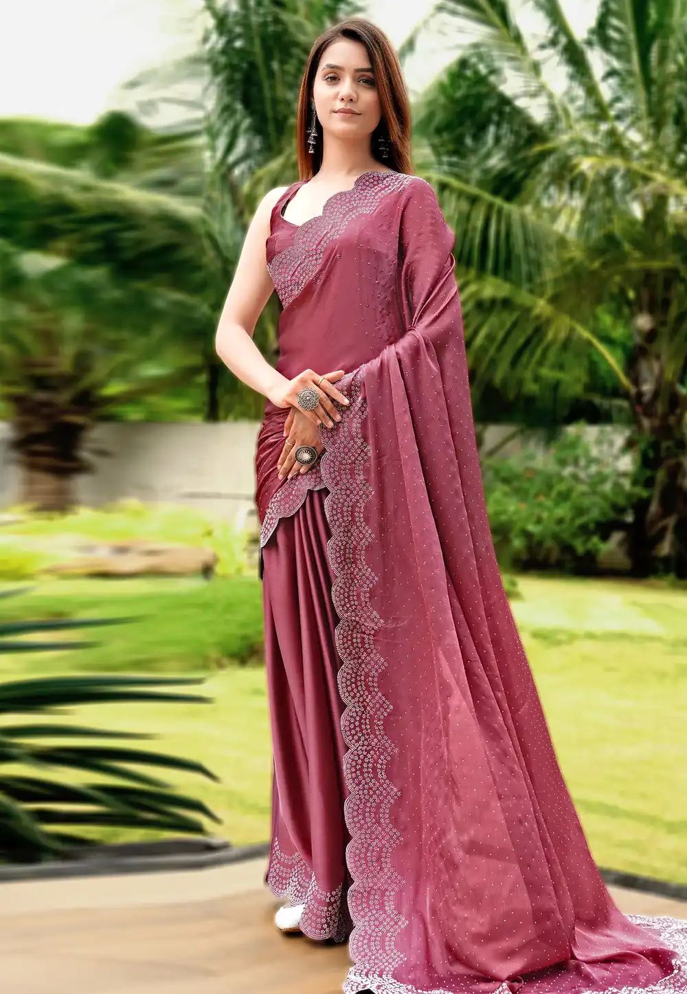 Pink Satin Chiffon Saree With Blouse 327210