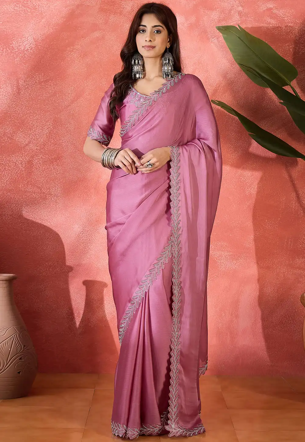 Pink Satin Chiffon Saree With Blouse 316748