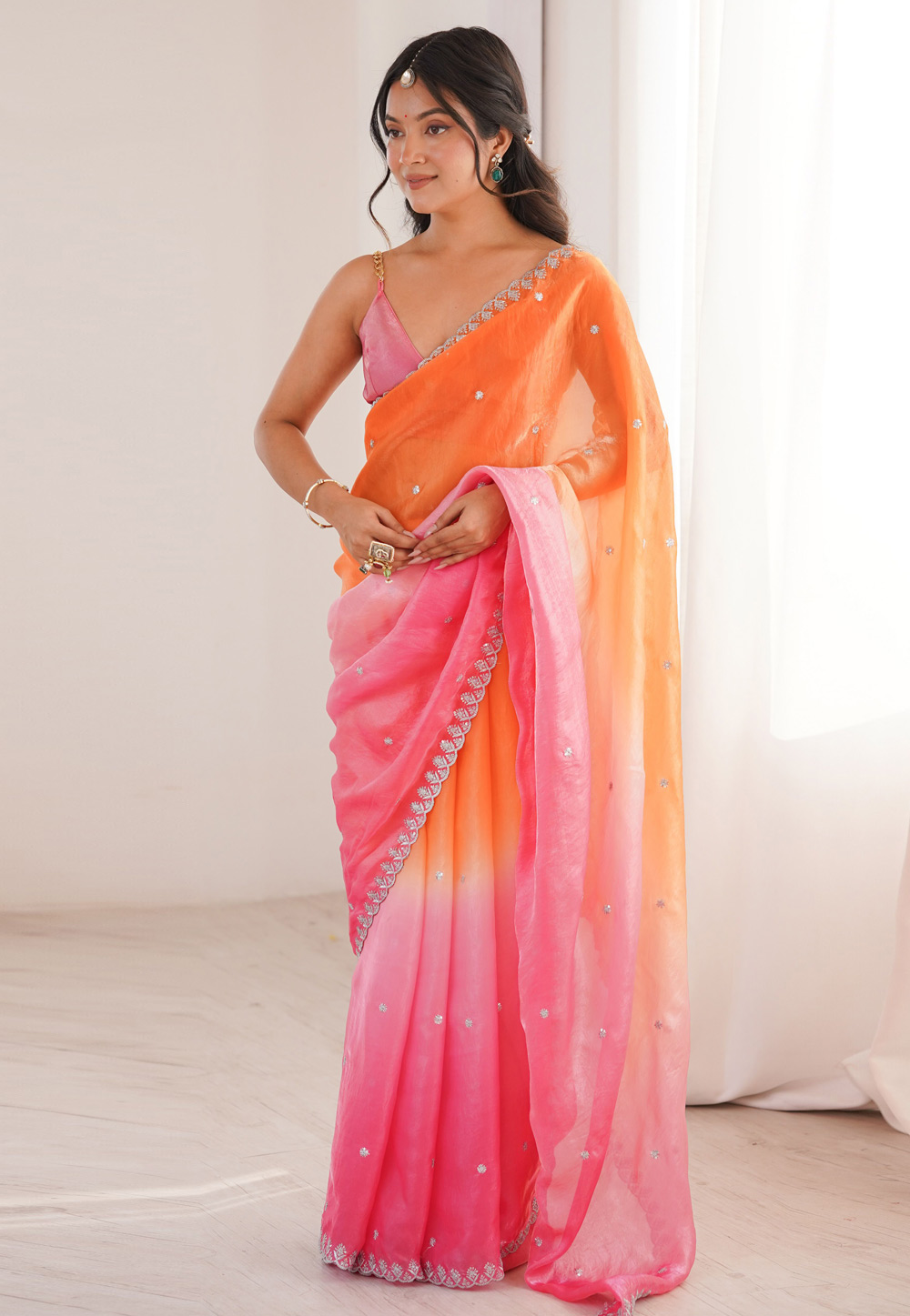 Pink Satin Half N Half Saree 329541