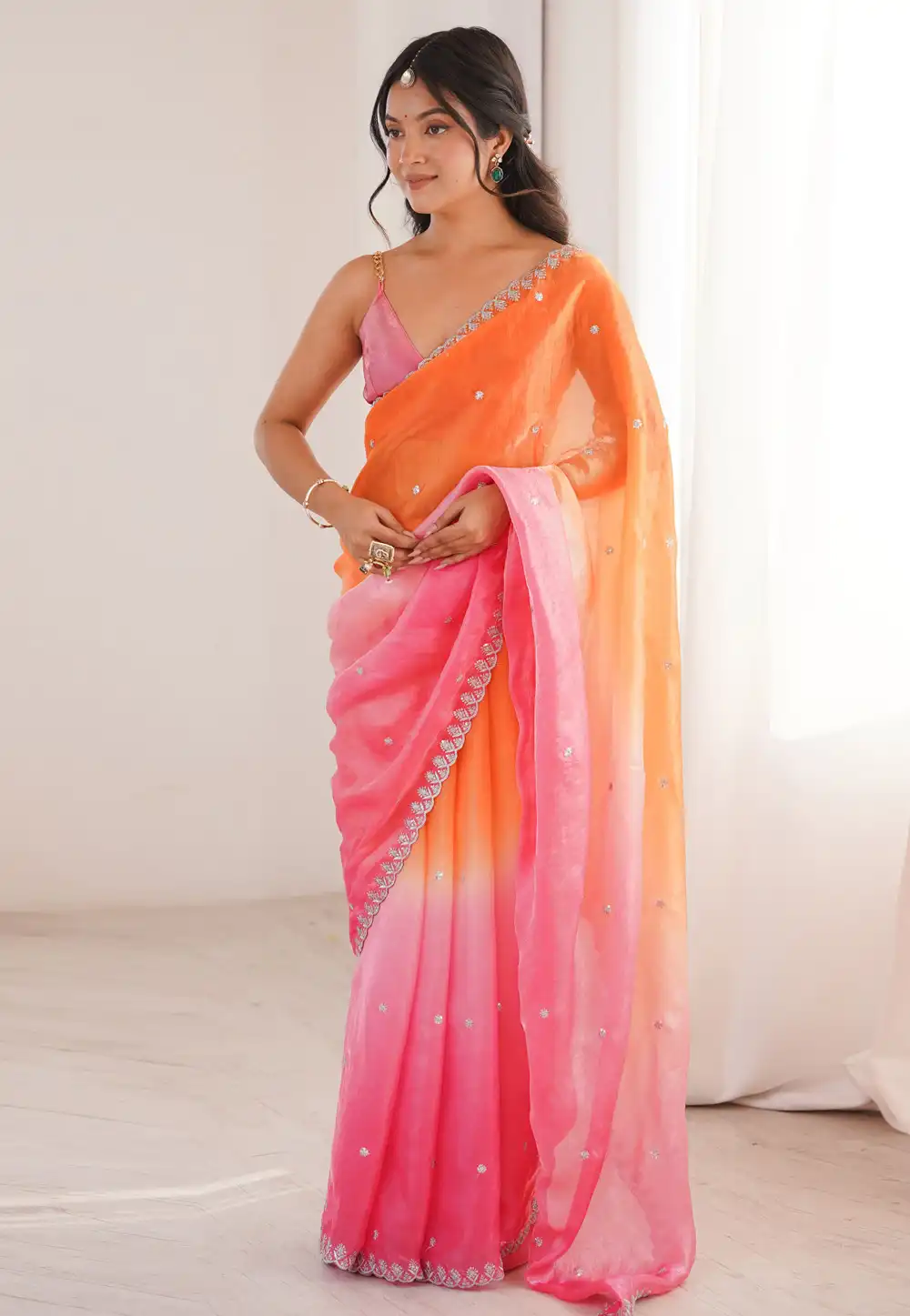 Pink Satin Half N Half Saree 329541