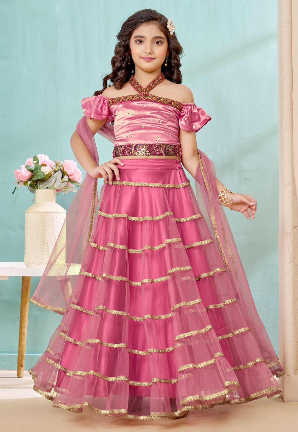 Pink Satin Kids Lehenga Choli 325189