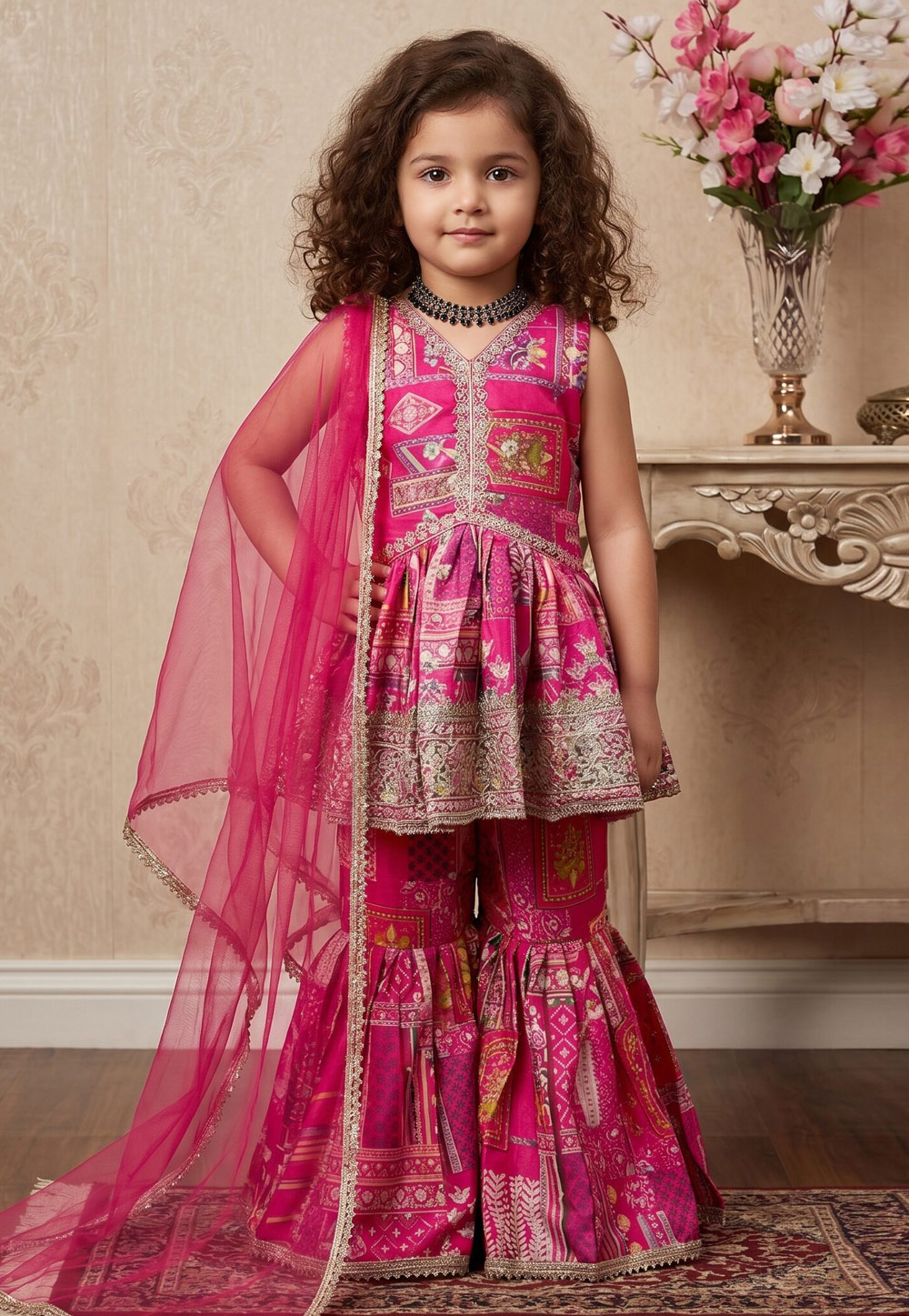 Pink Satin Kids Sharara Suit 329458