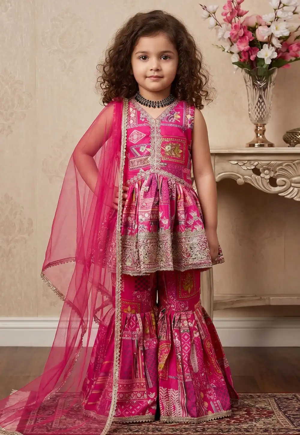Pink Satin Kids Sharara Suit 329458