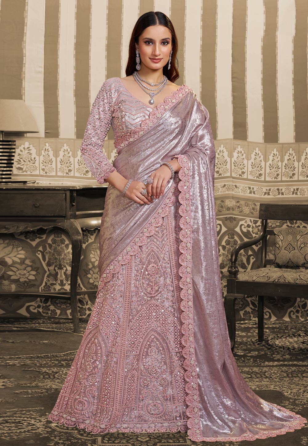 Pink Satin Lehenga Saree 323665
