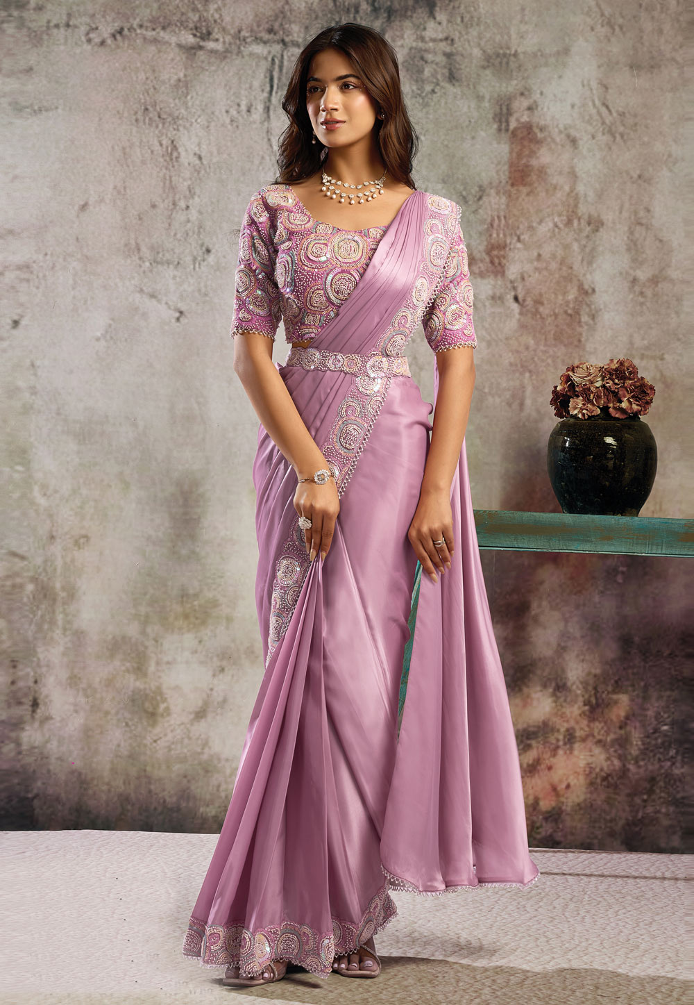 Pink Satin Lehenga Saree 324406