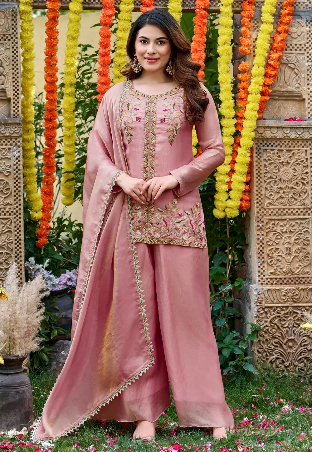 Pink Satin Readymade Pakistani Suit 331882