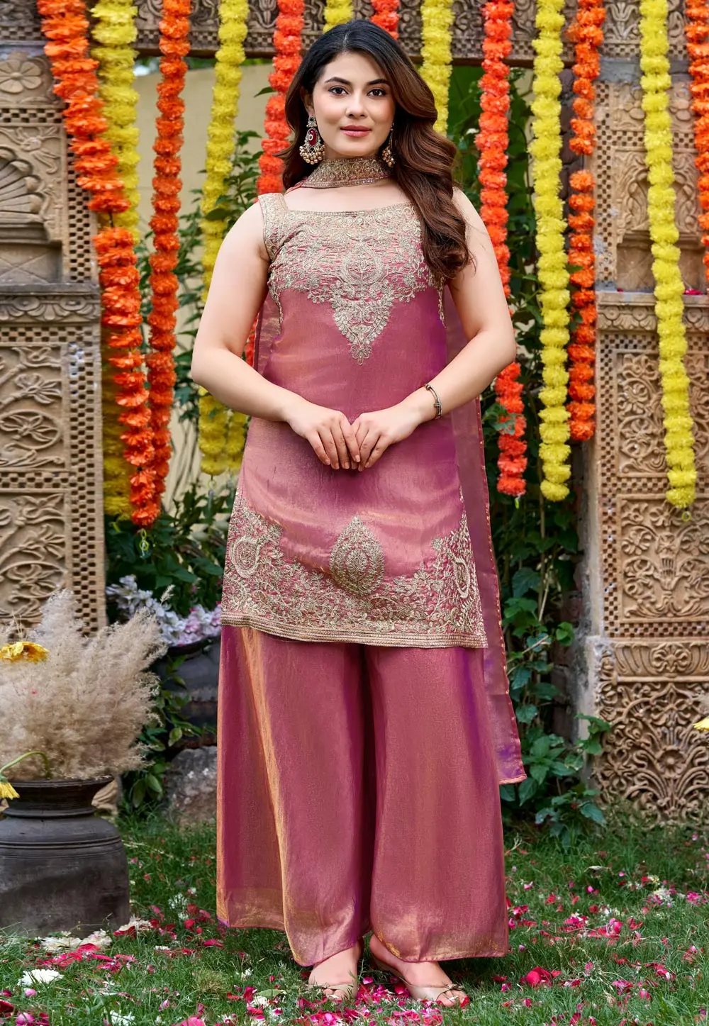 Pink Satin Readymade Pakistani Suit 331884