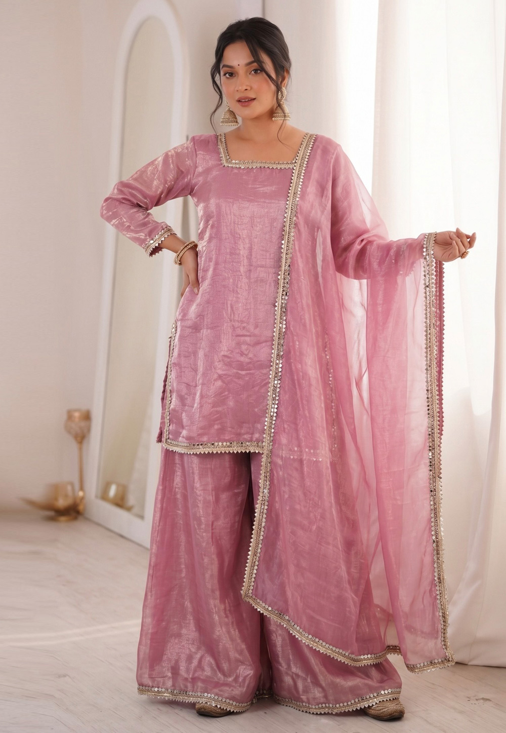 Pink Satin Readymade Palazzo Suit 328963