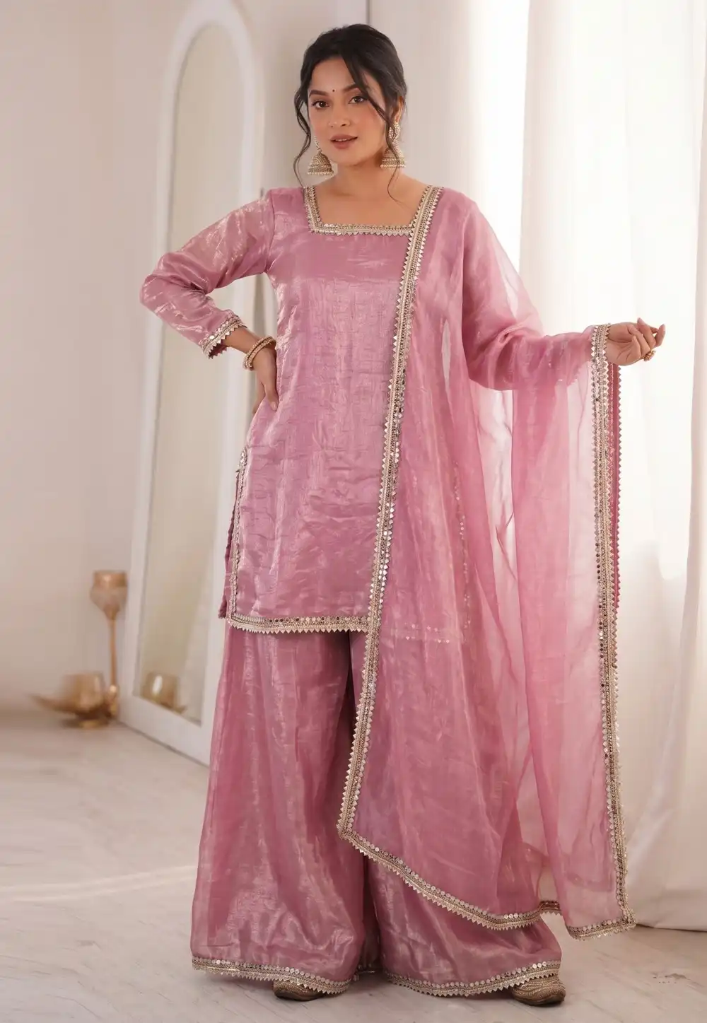Pink Satin Readymade Palazzo Suit 328963