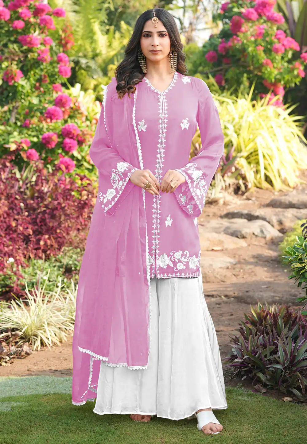 Pink Satin Readymade Palazzo Suit 325058