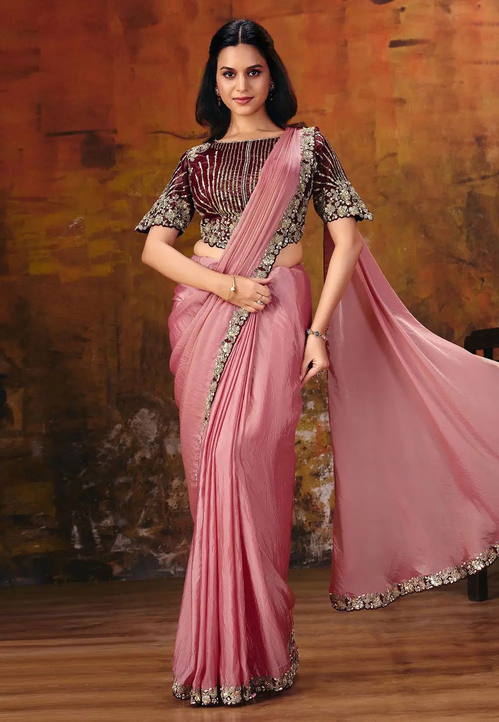 Pink Satin Saree With Blouse 335624