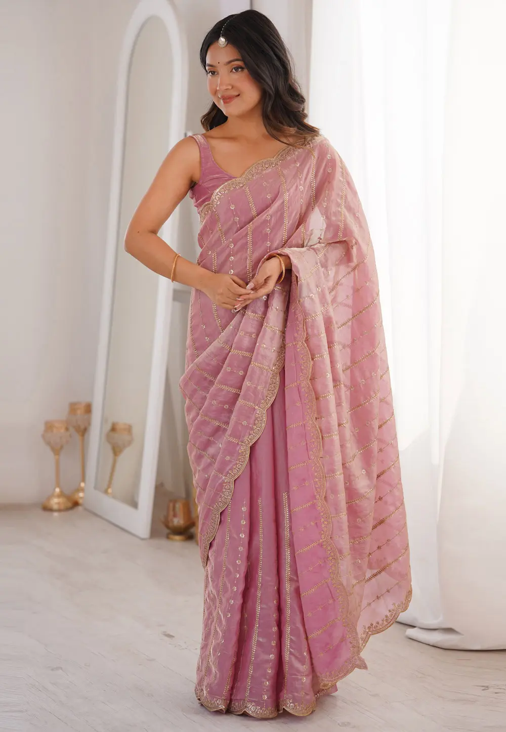 Pink Satin Saree With Blouse 331446