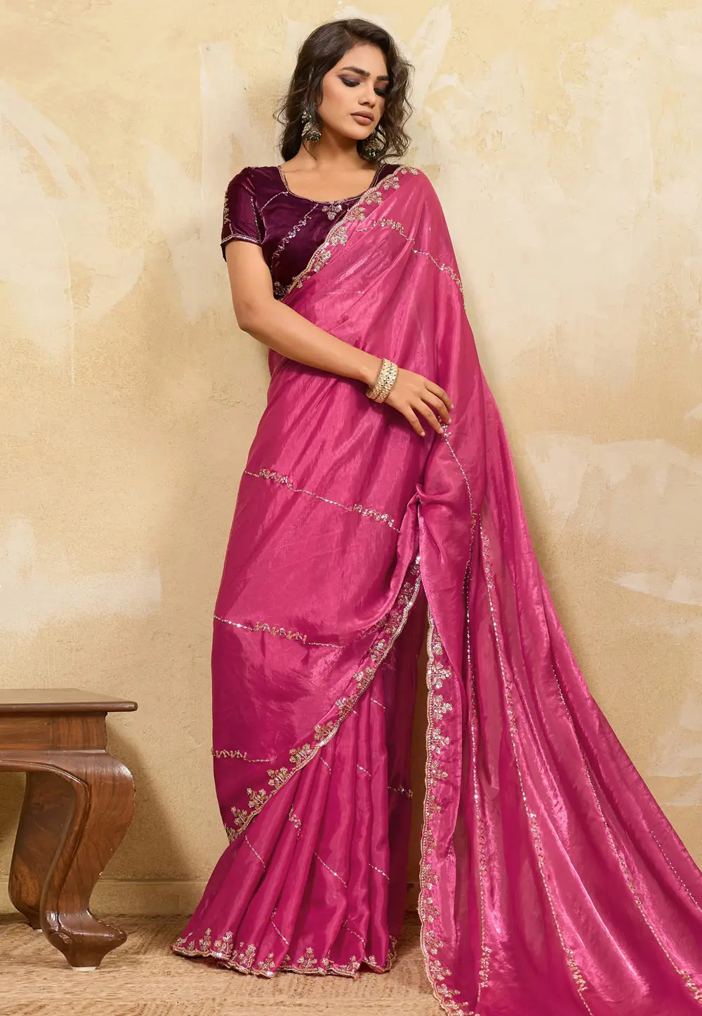 Pink Satin Saree With Blouse 334016