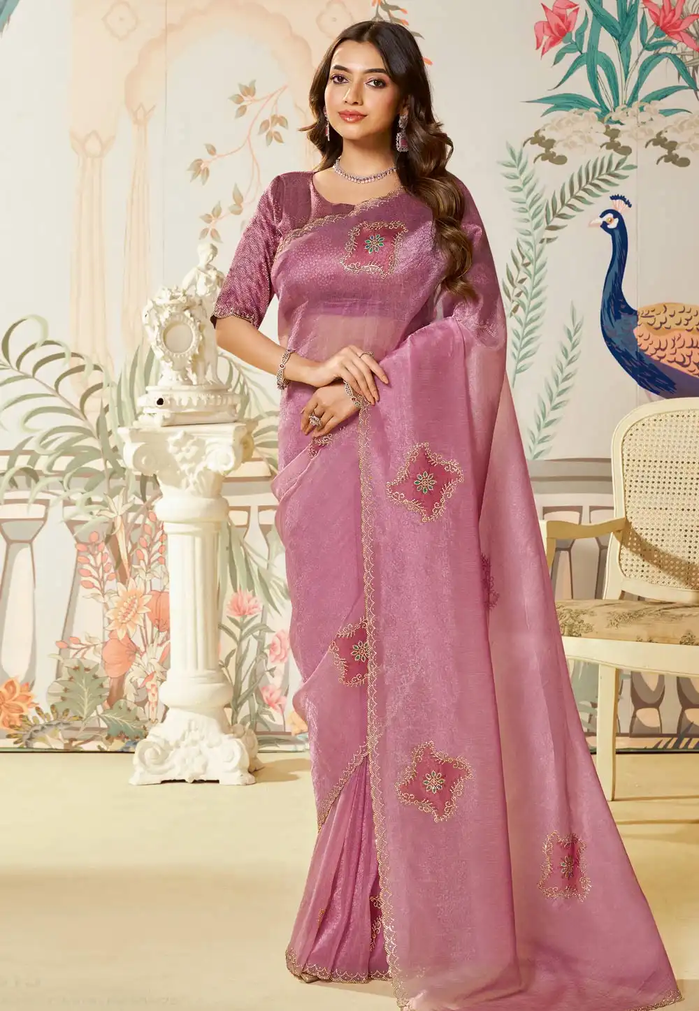Pink Satin Saree With Blouse 317759