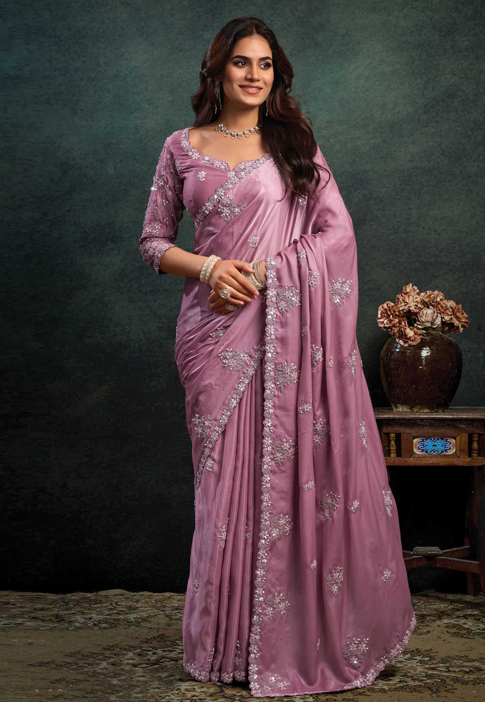 Pink Satin Saree With Blouse 322379