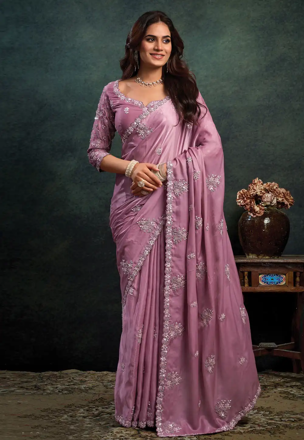 Pink Satin Saree With Blouse 322379