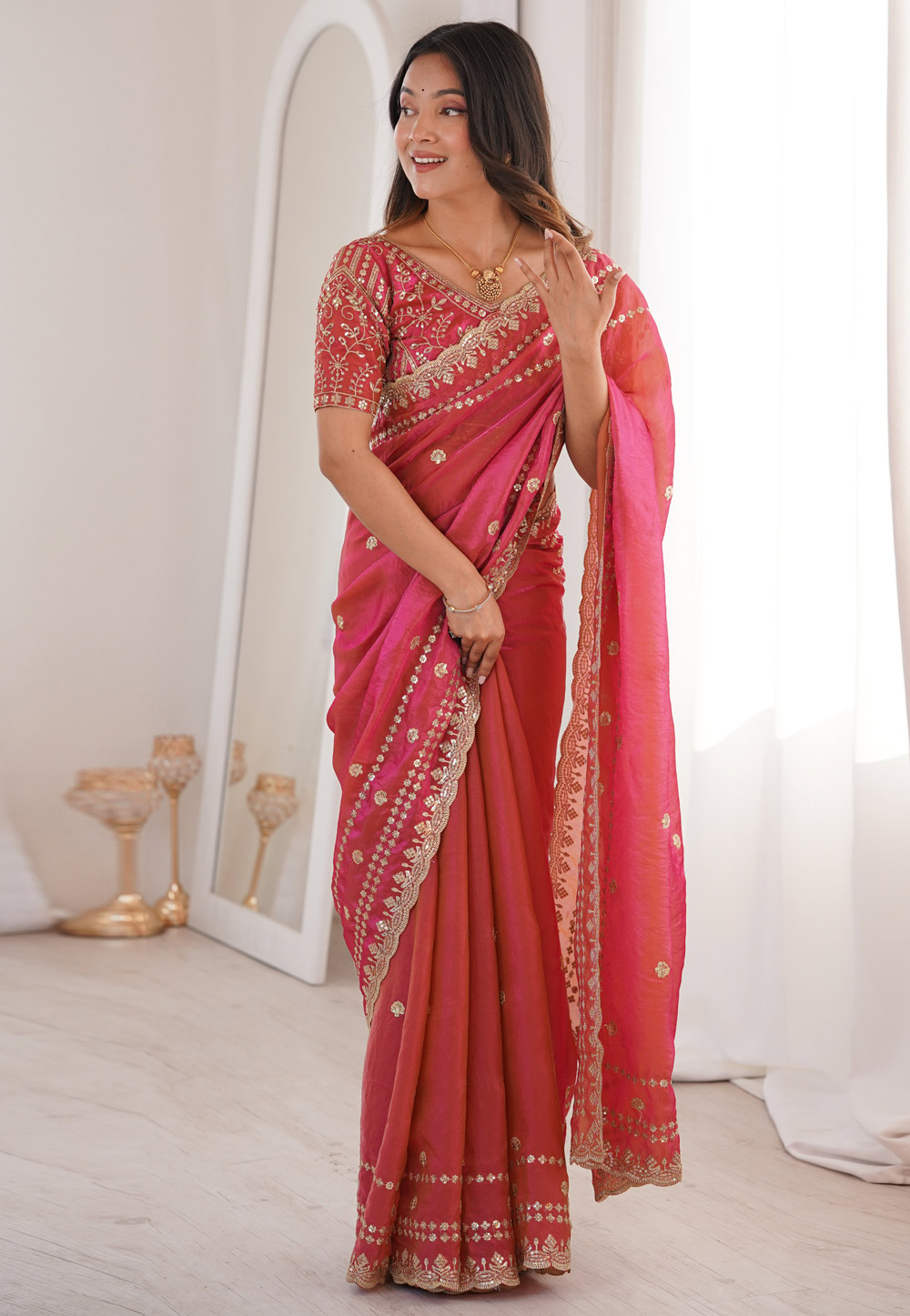 Pink Satin Saree With Blouse 329559