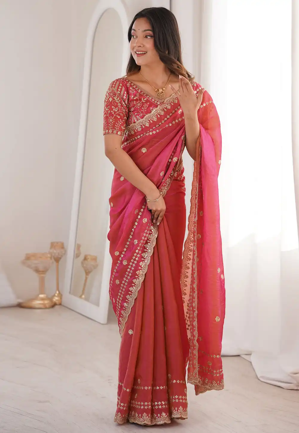 Pink Satin Saree With Blouse 329559