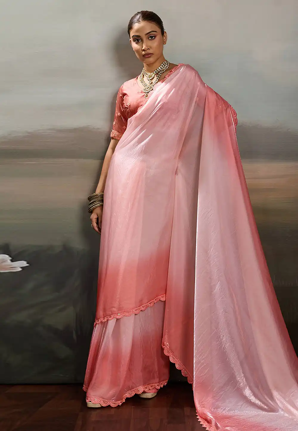Pink Satin Saree With Blouse 330470