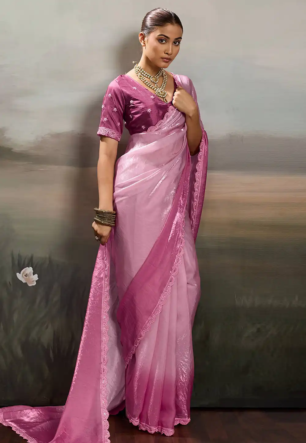 Pink Satin Saree With Blouse 330472