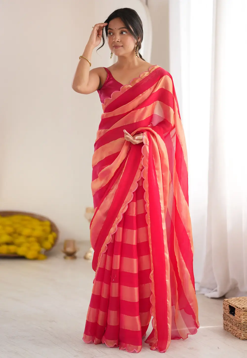 Pink Satin Saree With Blouse 336226