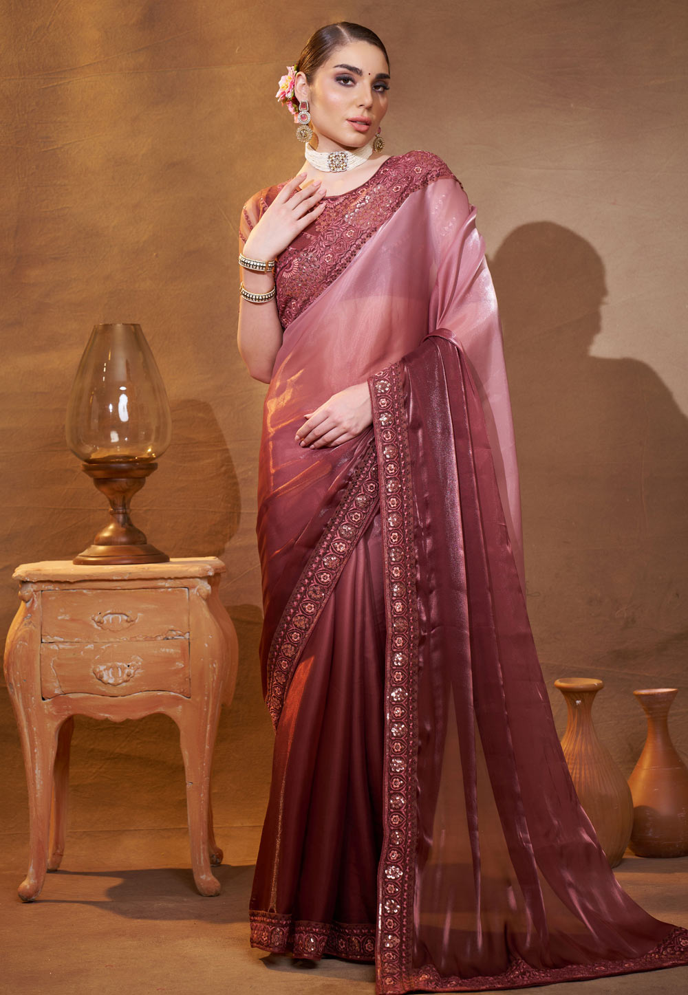 Pink Satin Saree With Blouse 306985