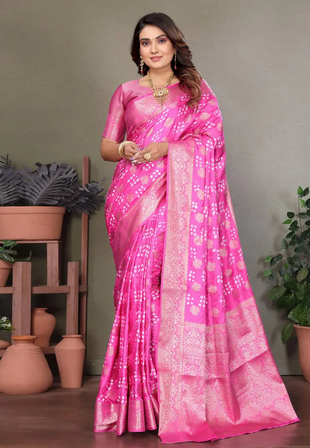 Pink Satin Silk Bandhani Print Saree 336314