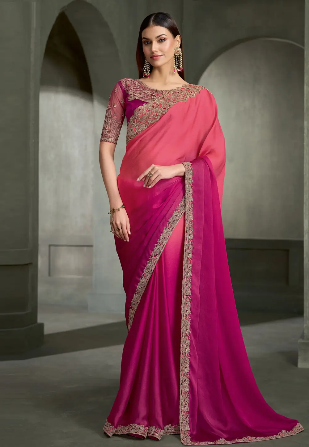 Pink Satin Silk Half N Half Saree 335313
