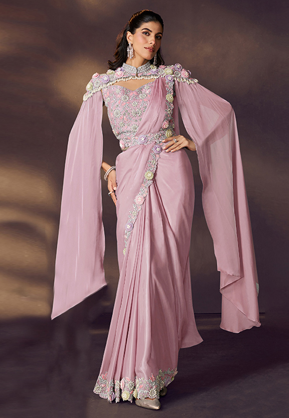 Pink Satin Silk Lehenga Saree 325734
