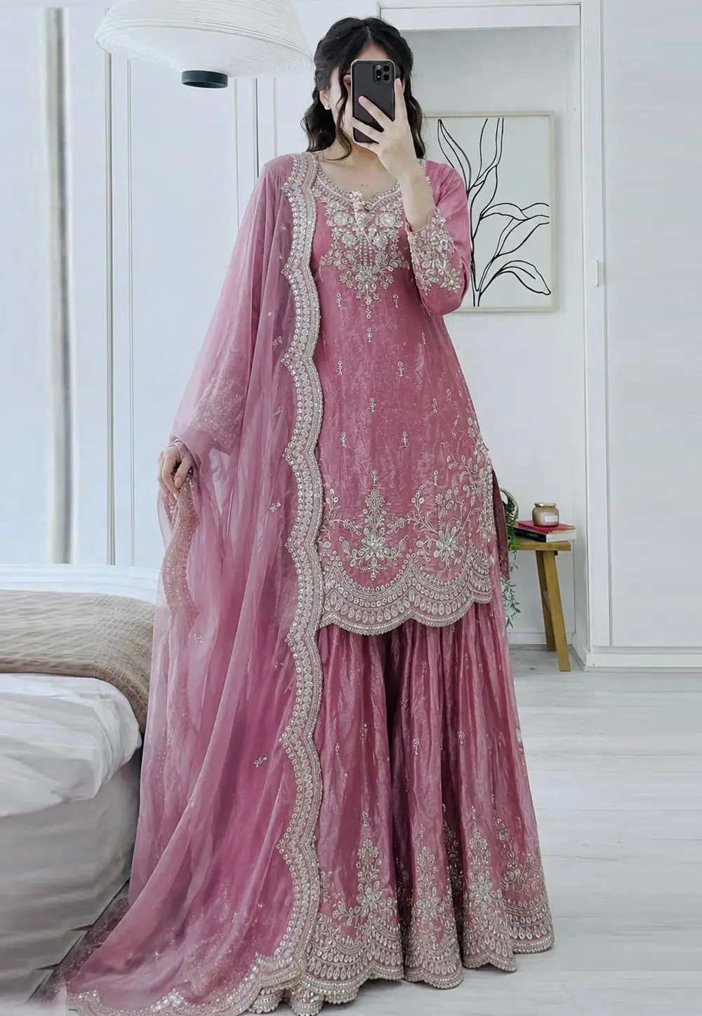 Pink Satin Silk Readymade Palazzo Suit 332325