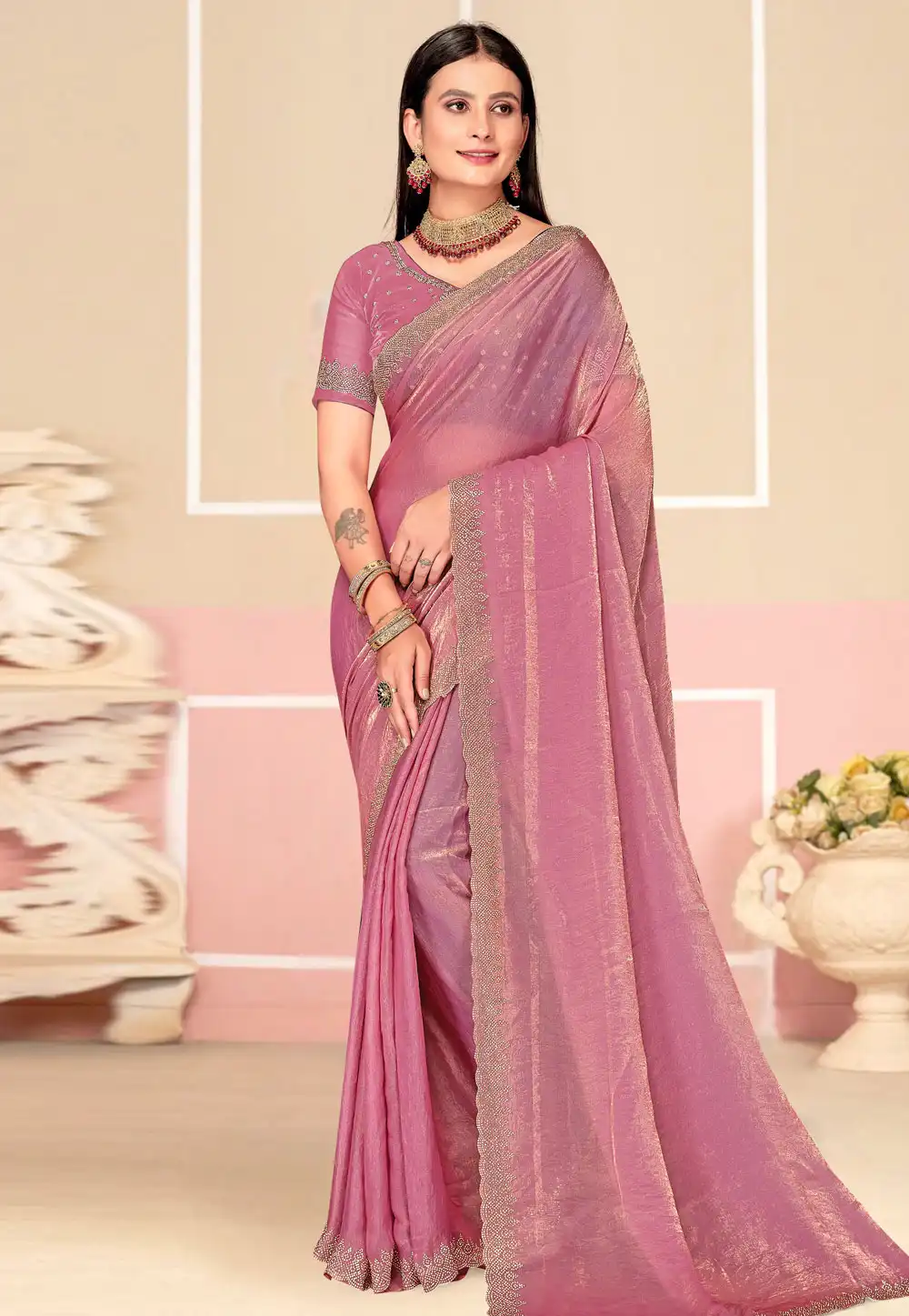 Pink Satin Silk Saree With Blouse 310842
