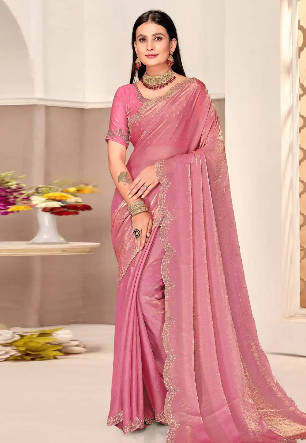 Pink Satin Silk Saree With Blouse 311031