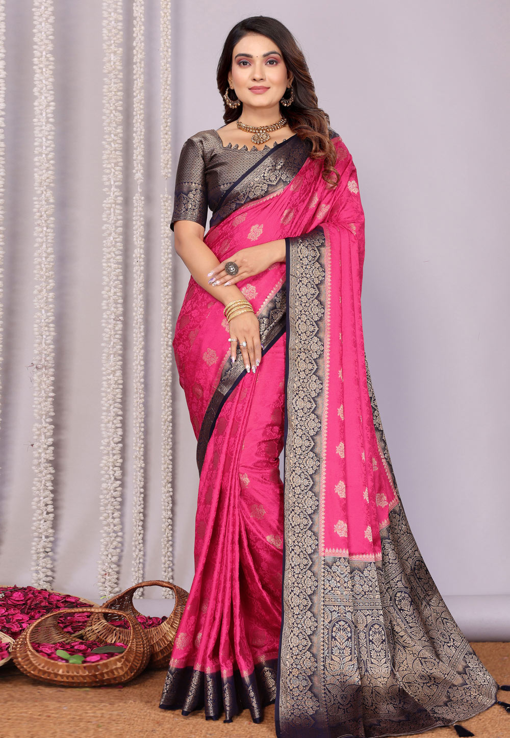 Pink Satin Silk Saree With Blouse 312502