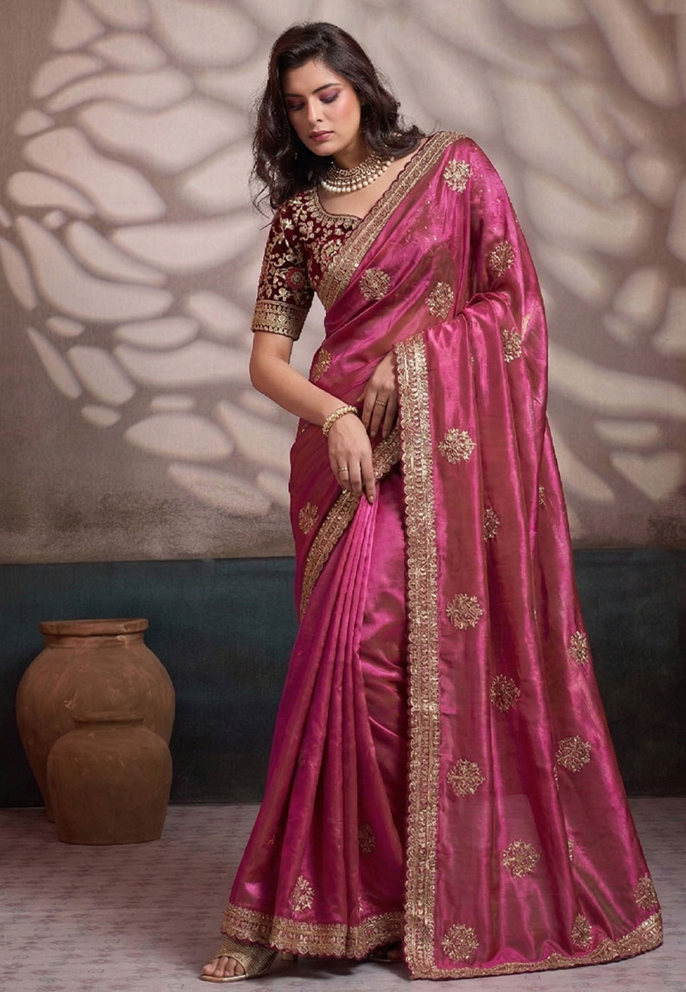 Pink Satin Silk Saree With Blouse 330055