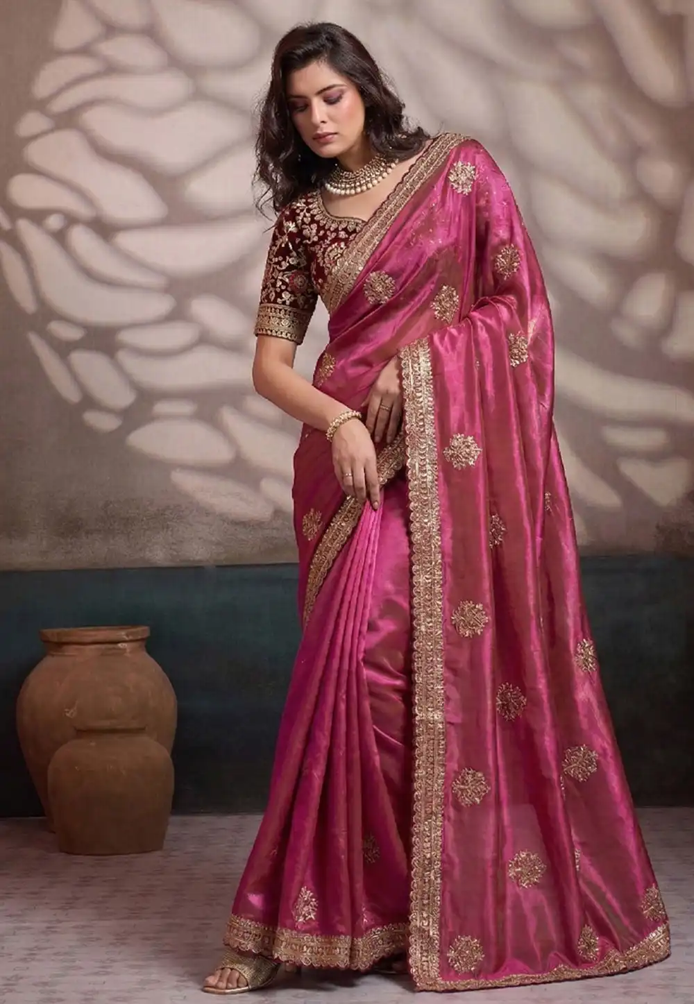 Pink Satin Silk Saree With Blouse 330055