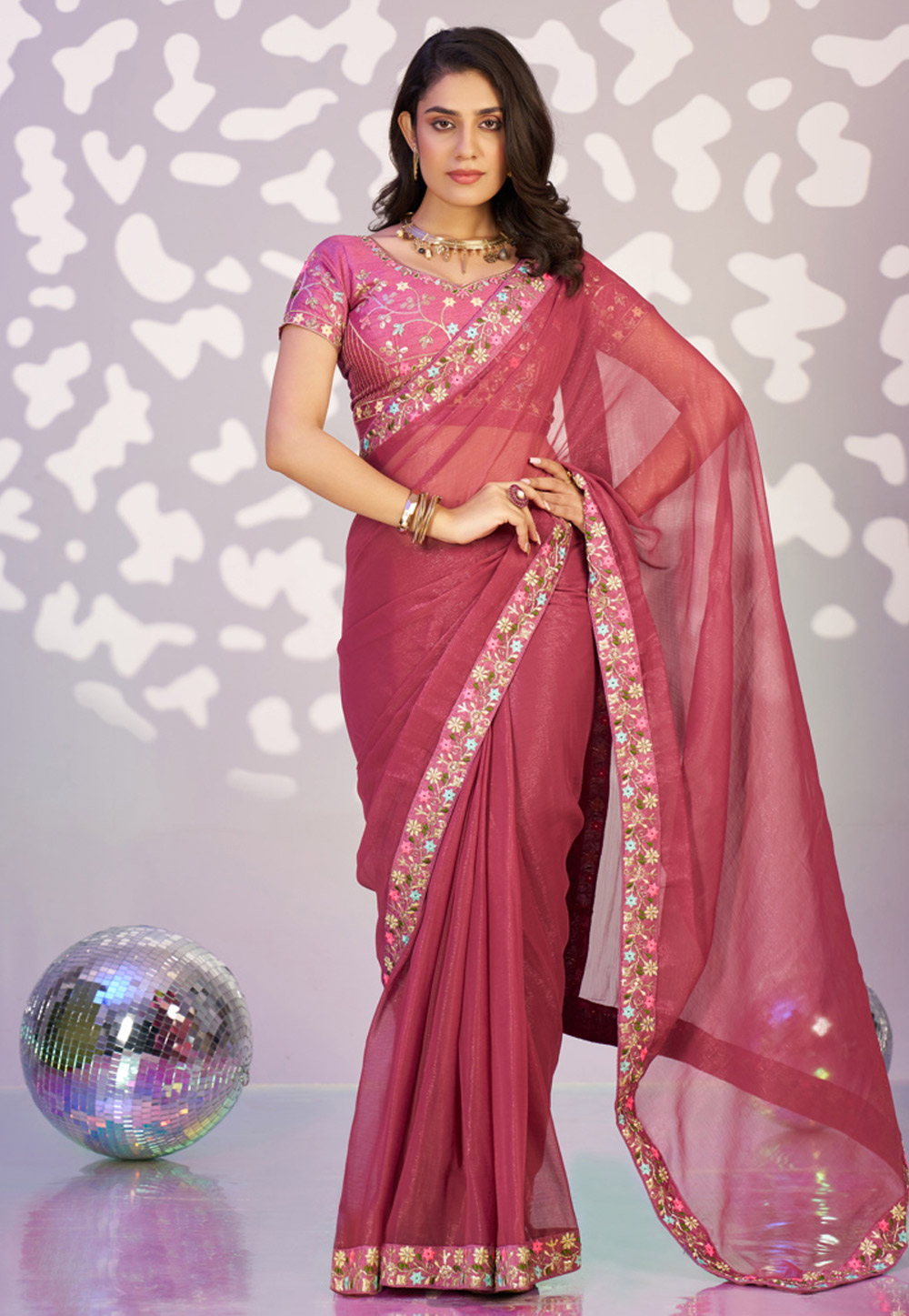 Pink Shimmer Chiffon Lehenga Saree 323747